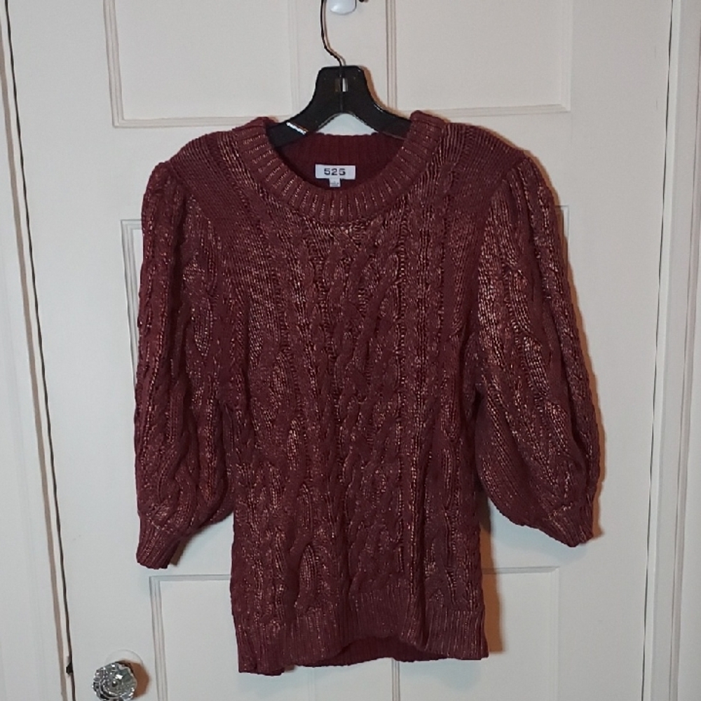 525 America Metallic Cable Knit Sweater Burgundy Gold Large